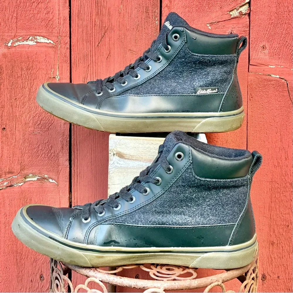 Eddie Bauer Black Leather Felt Wool High Top Shoes Storm Men 9.5 Women 11 EU 43